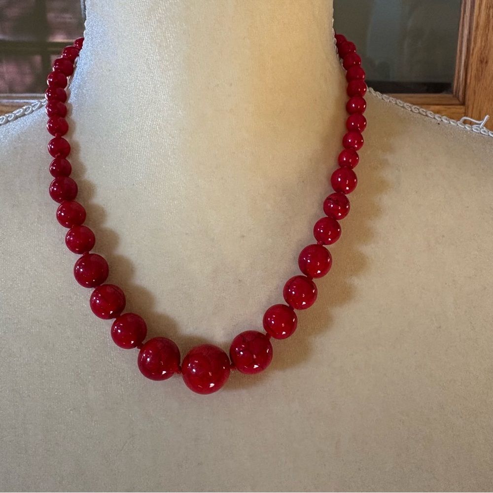 Jane Stone Graduated Red Bead Necklace 18” plus extender.